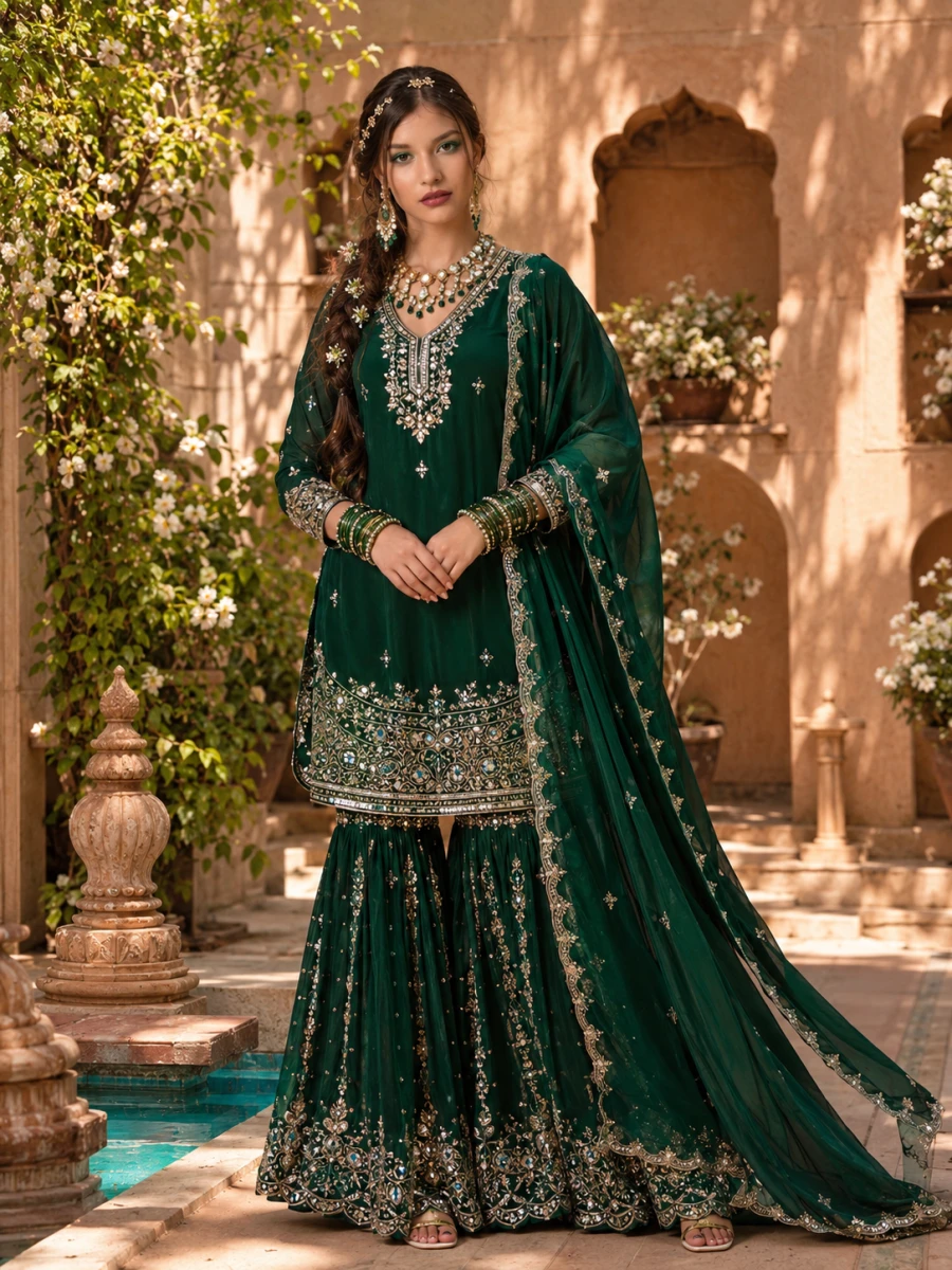 Emerald Green Sharara Fashion Editorial Portrait