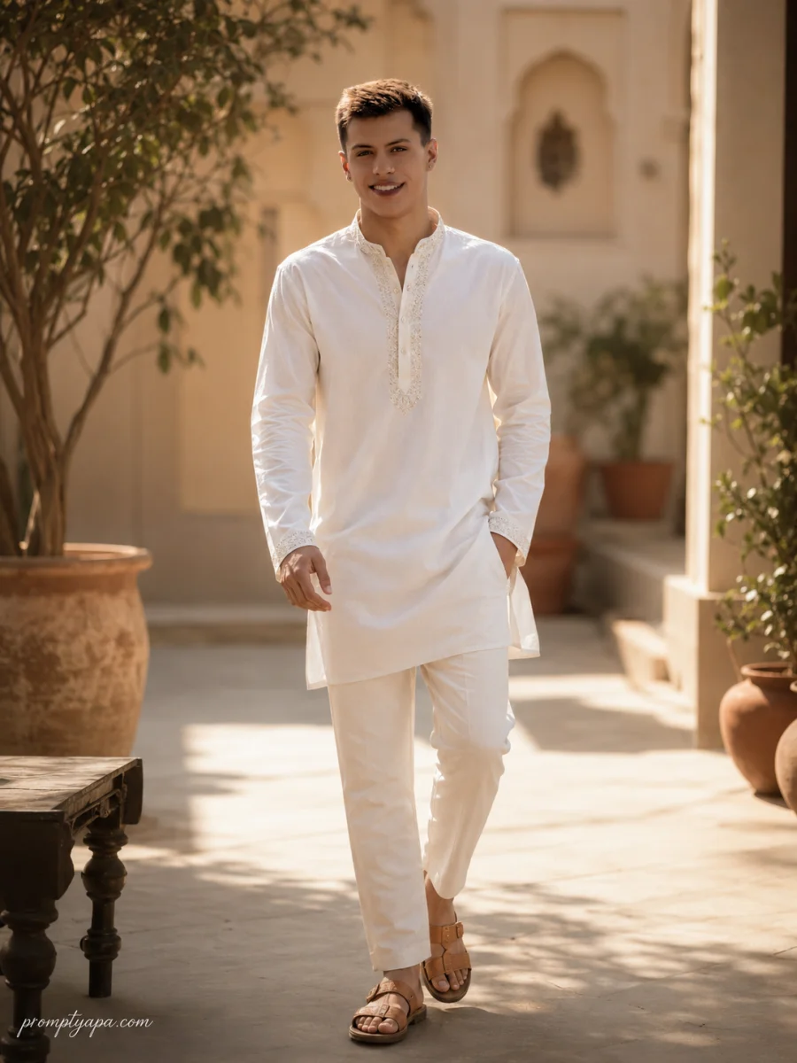 Elegant White Kurta Portrait in Indo-Modern Courtyard